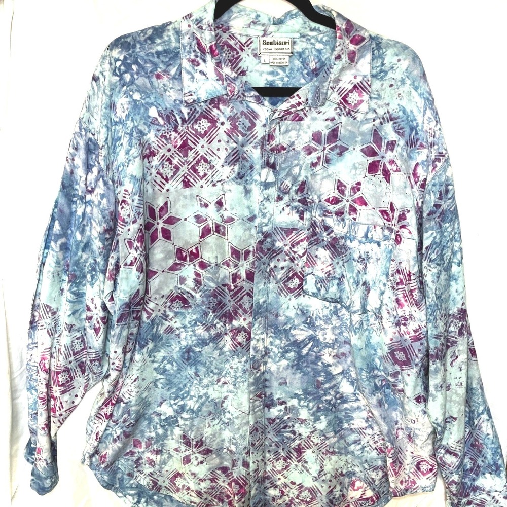 Sambisaari Batik Artsy Long Sleeve Shirt Lightweight Vacation Travel Boho Large